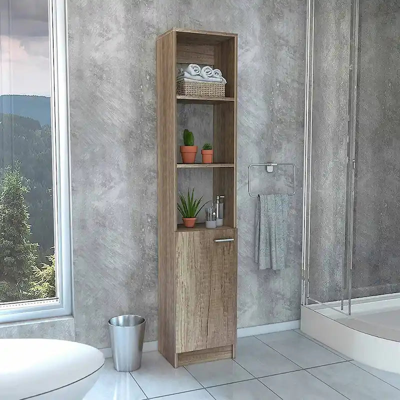 Armoire de Rangement de Salle de Bain Autonome avec 3 Étagères Ouvertes et Porte Inférieure, Chêne/Blanc/Noir