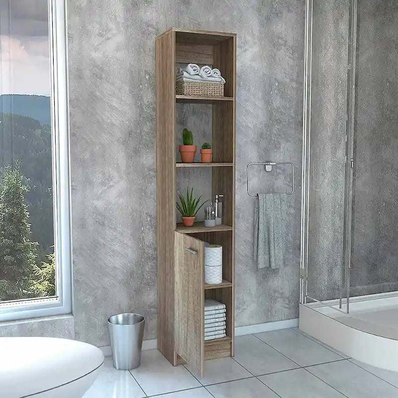 Armoire de Rangement de Salle de Bain Autonome avec 3 Étagères Ouvertes et Porte Inférieure, Chêne/Blanc/Noir
