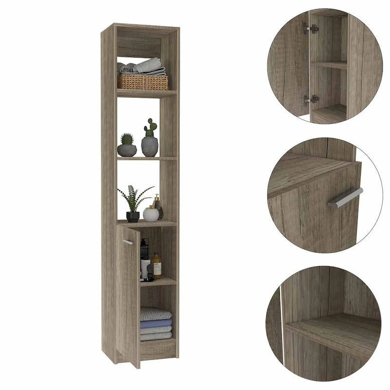 Armoire de Rangement de Salle de Bain Autonome avec 3 Étagères Ouvertes et Porte Inférieure, Chêne/Blanc/Noir