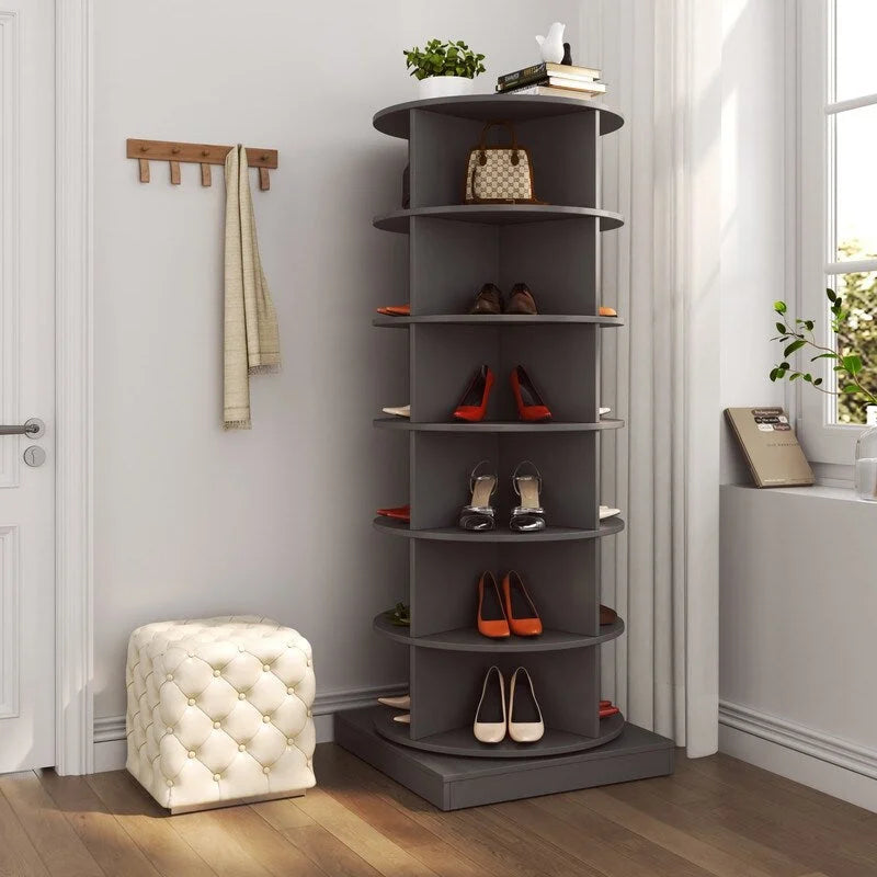 Meuble à chaussures rotatif à 360° à 6 niveaux, design compact, blanc et gris