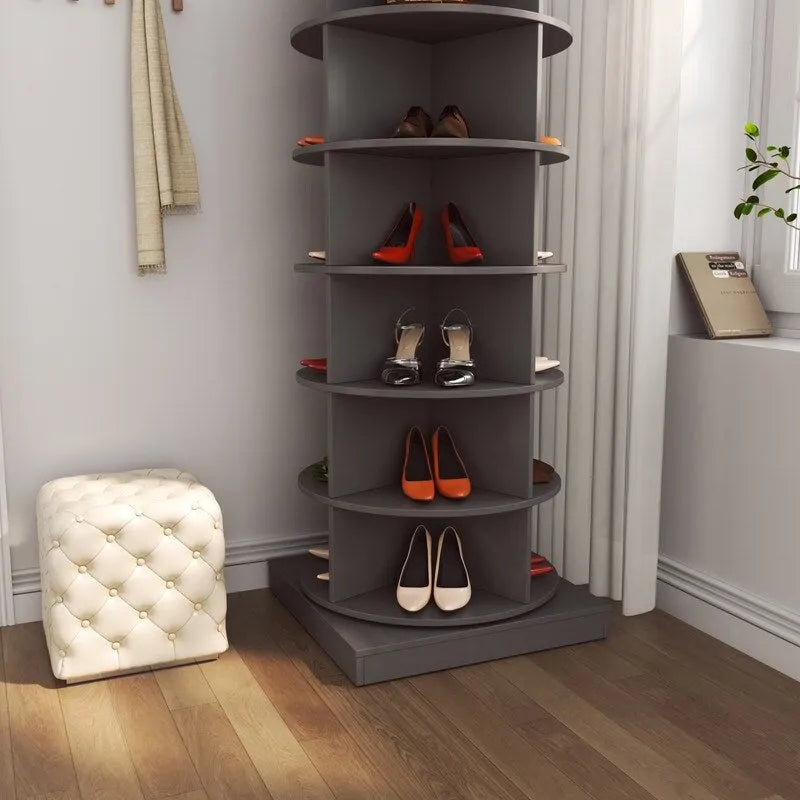 Meuble à chaussures rotatif à 360° à 6 niveaux, design compact, blanc et gris