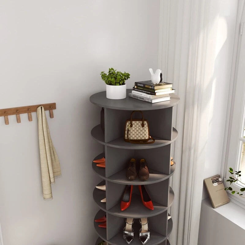 Meuble à chaussures rotatif à 360° à 6 niveaux, design compact, blanc et gris