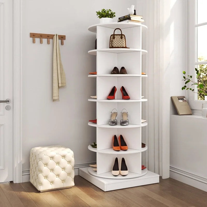 Meuble à chaussures rotatif à 360° à 6 niveaux, design compact, blanc et gris