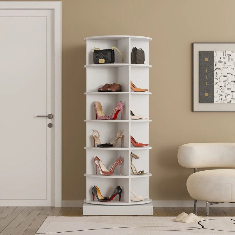 Meuble à chaussures rotatif à 360° à 6 niveaux, design compact, blanc et gris