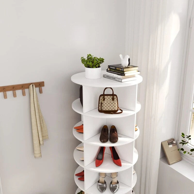 Meuble à chaussures rotatif à 360° à 6 niveaux, design compact, blanc et gris