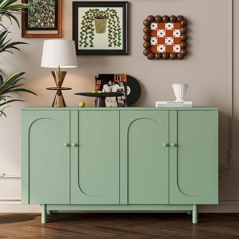 Meuble de rangement à 4 portes avec panneaux arqués, poignées rondes et pieds en pin, Vert menthe et Blanc