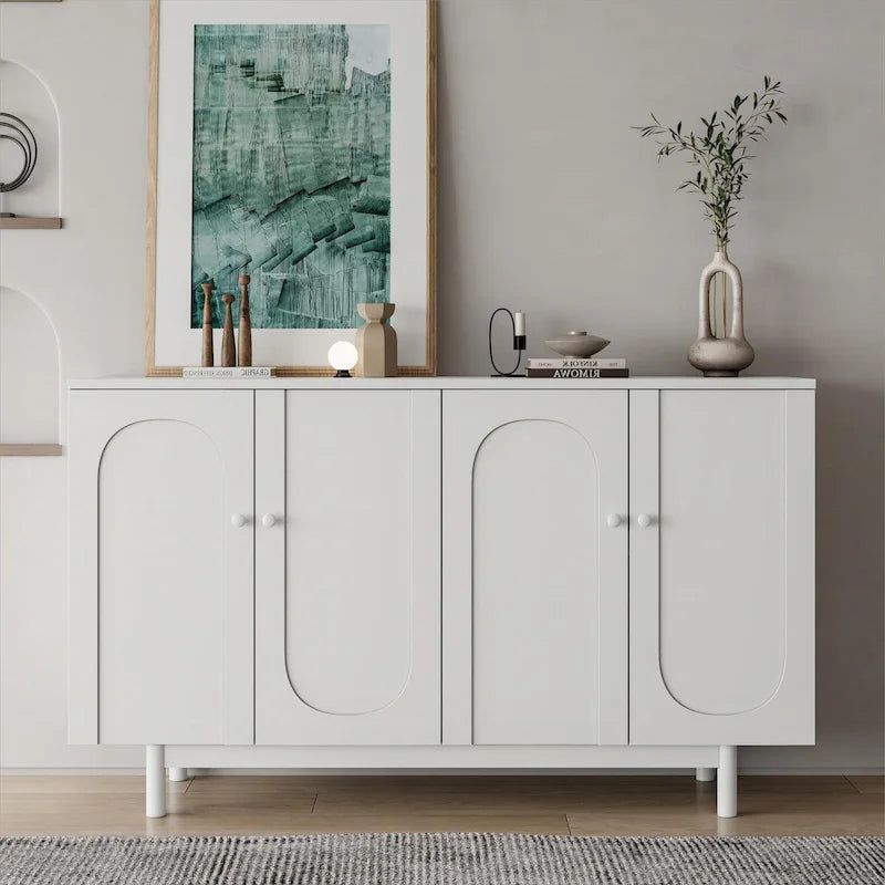 Meuble de rangement à 4 portes avec panneaux arqués, poignées rondes et pieds en pin, Vert menthe et Blanc