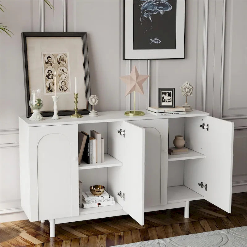 Meuble de rangement à 4 portes avec panneaux arqués, poignées rondes et pieds en pin, Vert menthe et Blanc