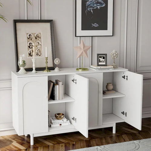 Meuble de rangement à 4 portes avec panneaux arqués, poignées rondes et pieds en pin, Vert menthe et Blanc