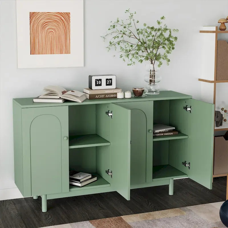 Meuble de rangement à 4 portes avec panneaux arqués, poignées rondes et pieds en pin, Vert menthe et Blanc