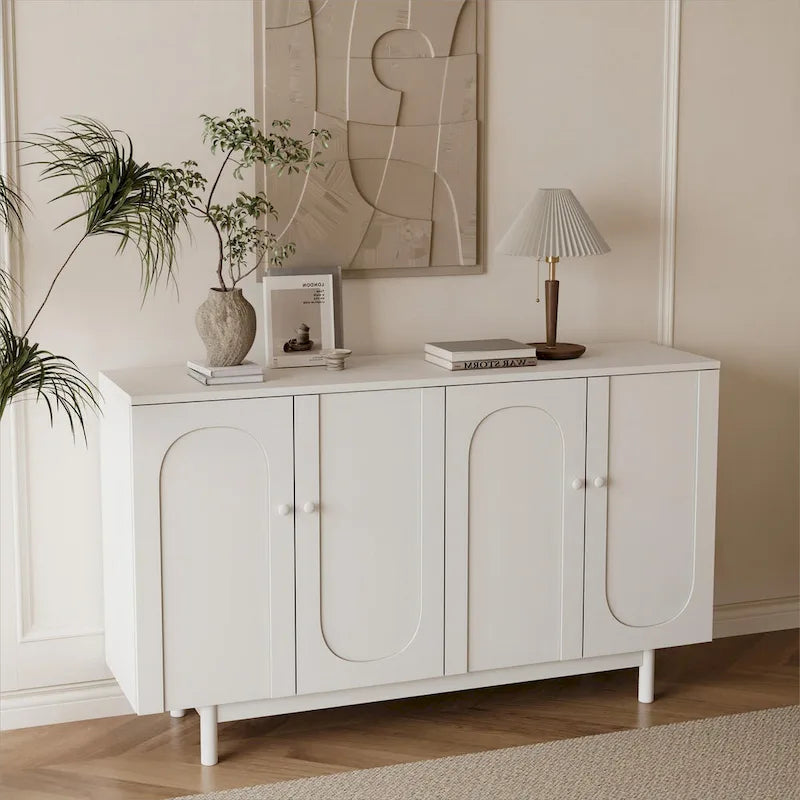 Meuble de rangement à 4 portes avec panneaux arqués, poignées rondes et pieds en pin, Vert menthe et Blanc