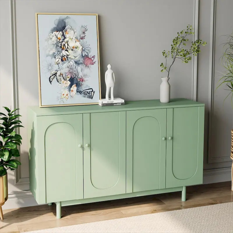 Meuble de rangement à 4 portes avec panneaux arqués, poignées rondes et pieds en pin, Vert menthe et Blanc