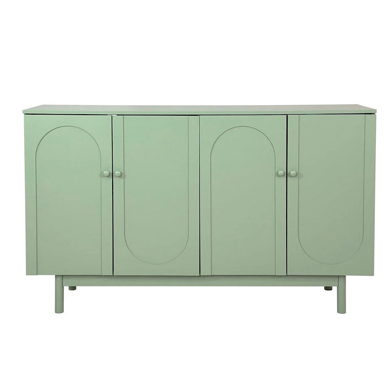 Meuble de rangement à 4 portes avec panneaux arqués, poignées rondes et pieds en pin, Vert menthe et Blanc