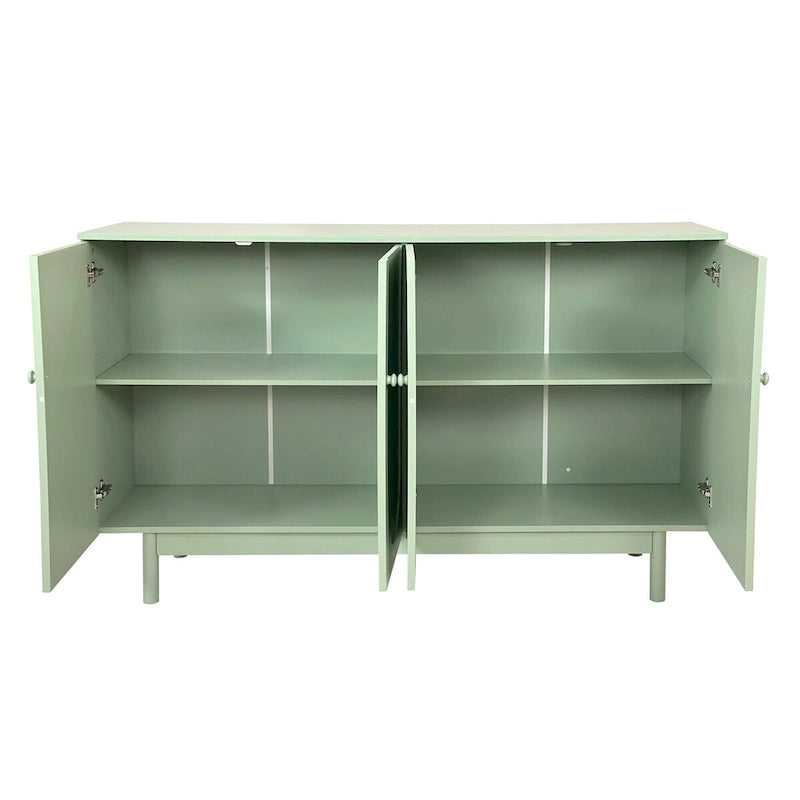 Meuble de rangement à 4 portes avec panneaux arqués, poignées rondes et pieds en pin, Vert menthe et Blanc
