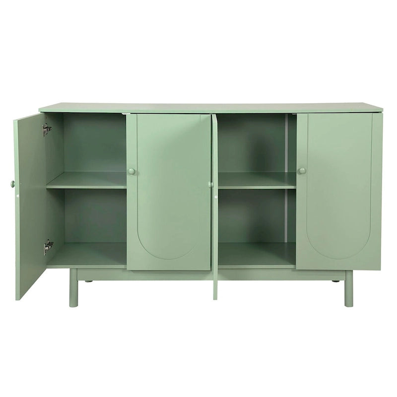 Meuble de rangement à 4 portes avec panneaux arqués, poignées rondes et pieds en pin, Vert menthe et Blanc