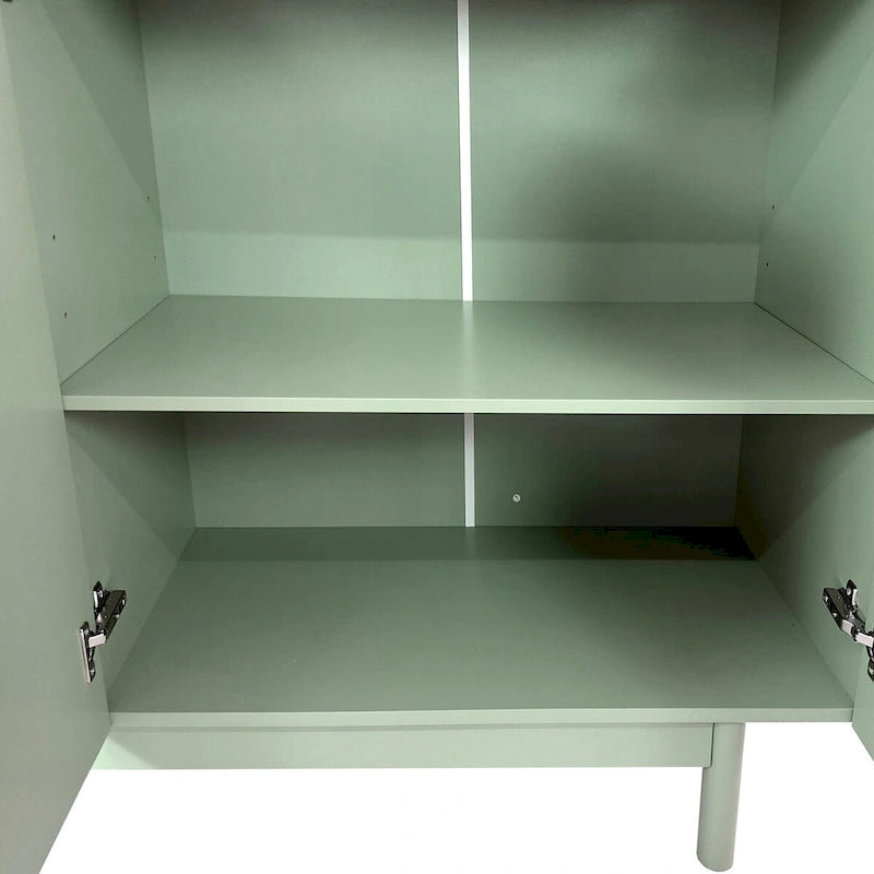 Meuble de rangement à 4 portes avec panneaux arqués, poignées rondes et pieds en pin, Vert menthe et Blanc