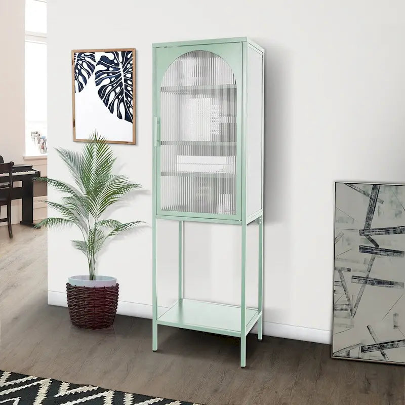 Armoire de rangement à porte cintrée en verre cannelé avec étagères réglables, verte