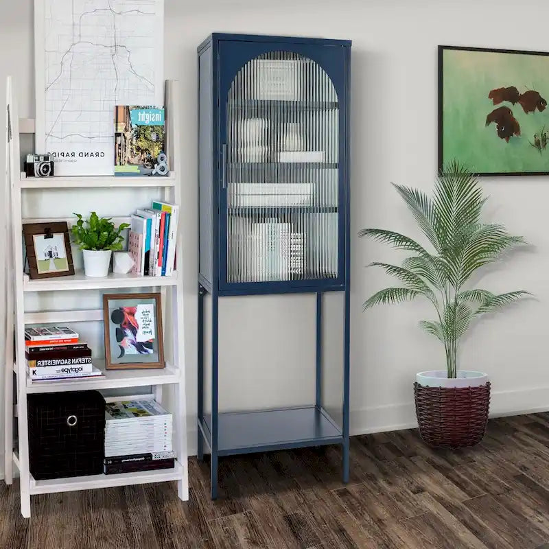 Armoire de rangement à porte cintrée en verre cannelé avec étagères réglables, verte