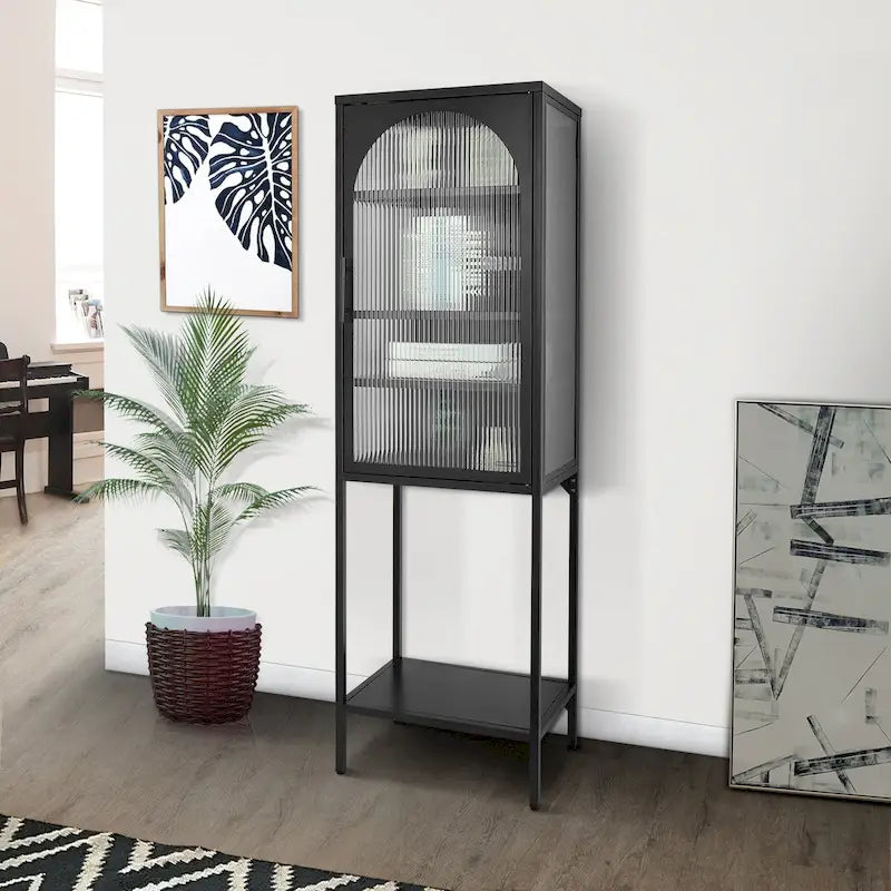 Armoire de rangement à porte cintrée en verre cannelé avec étagères réglables, verte