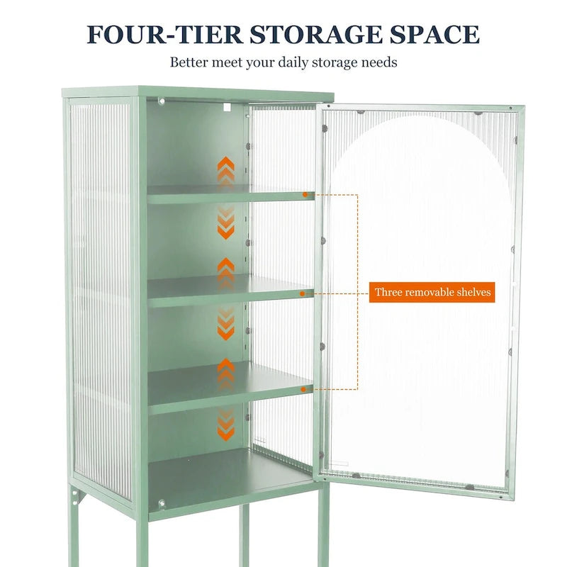 Armoire de rangement à porte cintrée en verre cannelé avec étagères réglables, verte