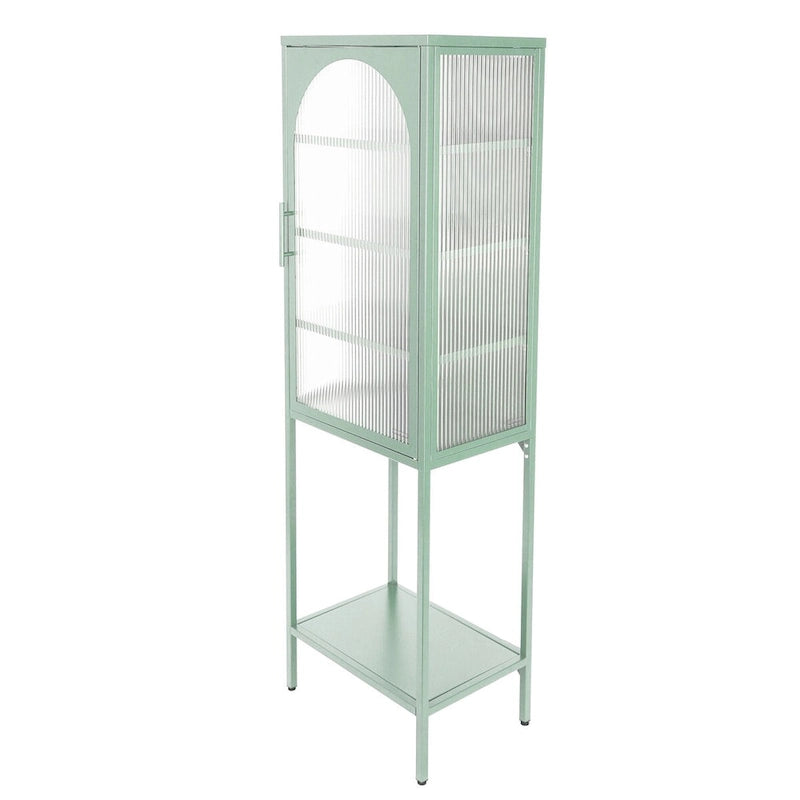 Armoire de rangement à porte cintrée en verre cannelé avec étagères réglables, verte