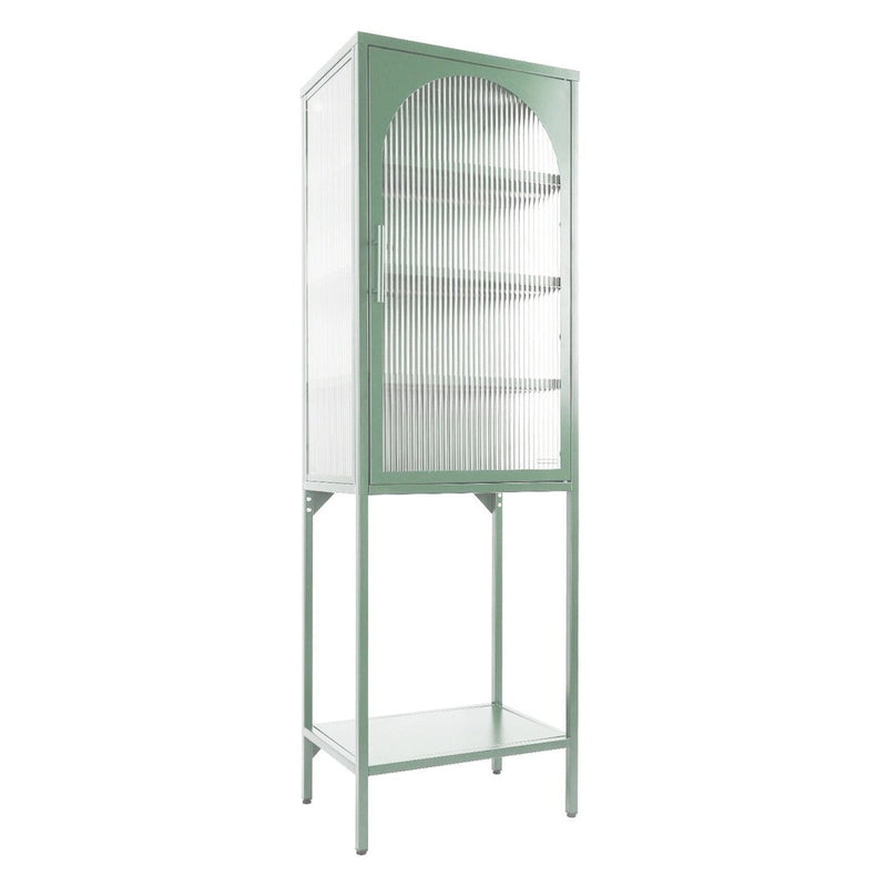 Armoire de rangement à porte cintrée en verre cannelé avec étagères réglables, verte
