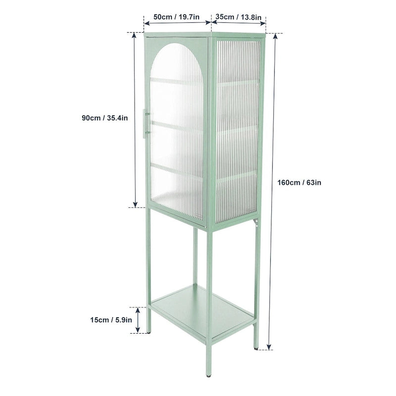 Armoire de rangement à porte cintrée en verre cannelé avec étagères réglables, verte