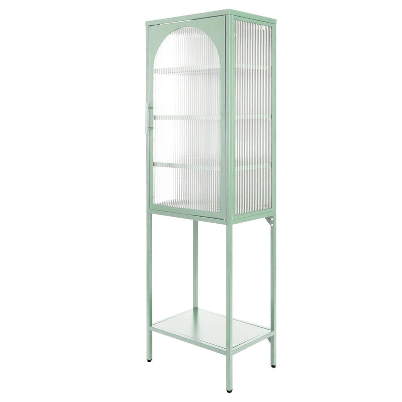 Armoire de rangement à porte cintrée en verre cannelé avec étagères réglables, verte