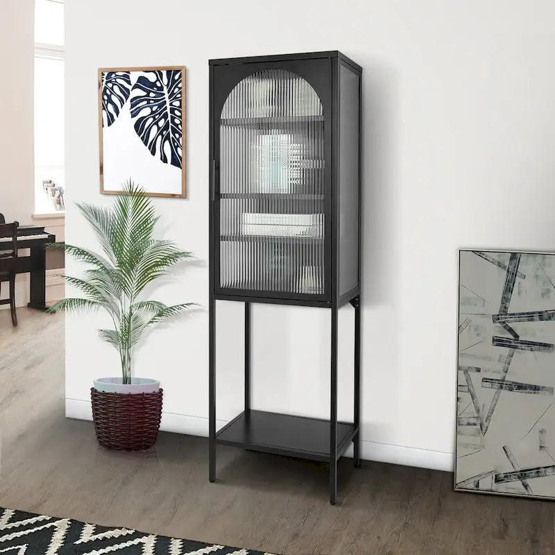 Armoire de rangement à porte cintrée en verre cannelé avec étagères réglables, verte