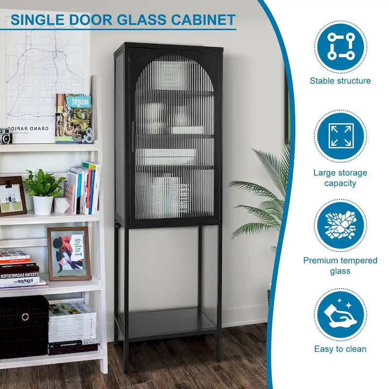 Armoire de rangement à porte cintrée en verre cannelé avec étagères réglables, verte