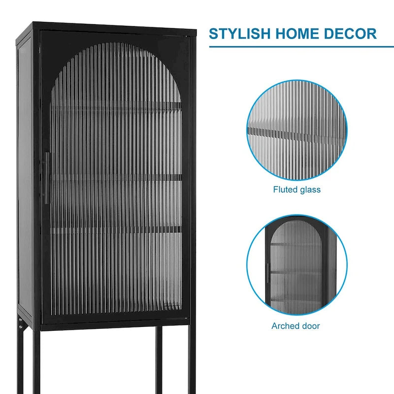 Armoire de rangement à porte cintrée en verre cannelé avec étagères réglables, verte