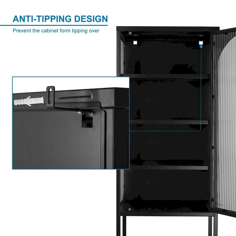 Armoire de rangement à porte cintrée en verre cannelé avec étagères réglables, verte