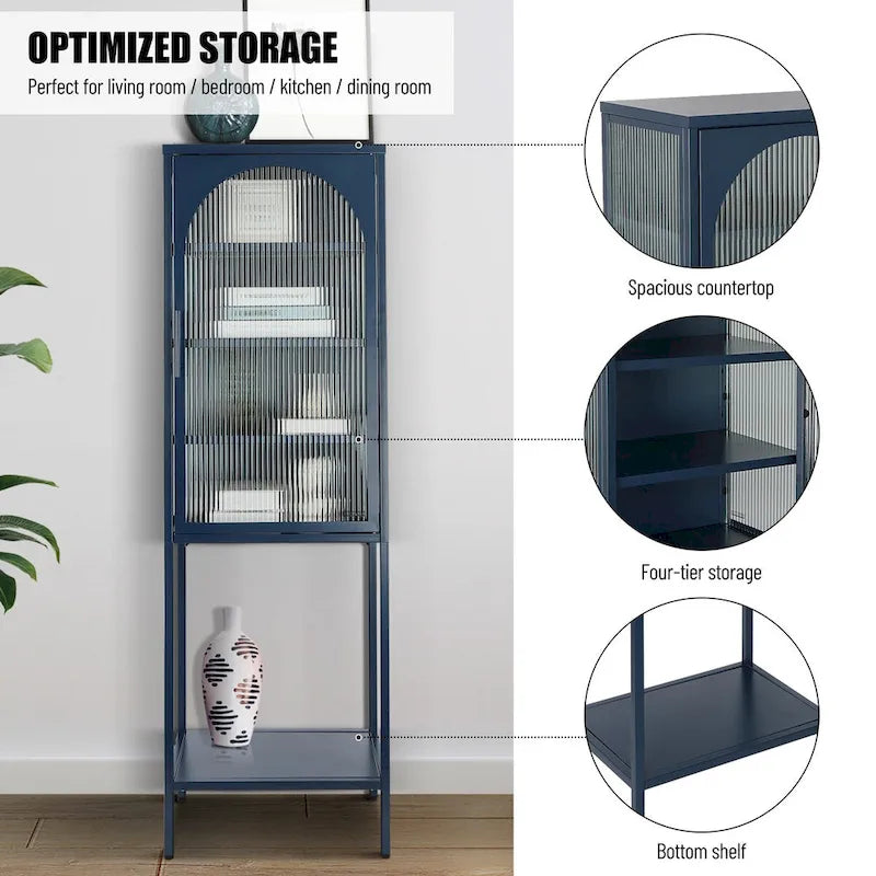 Armoire de rangement à porte cintrée en verre cannelé avec étagères réglables, verte