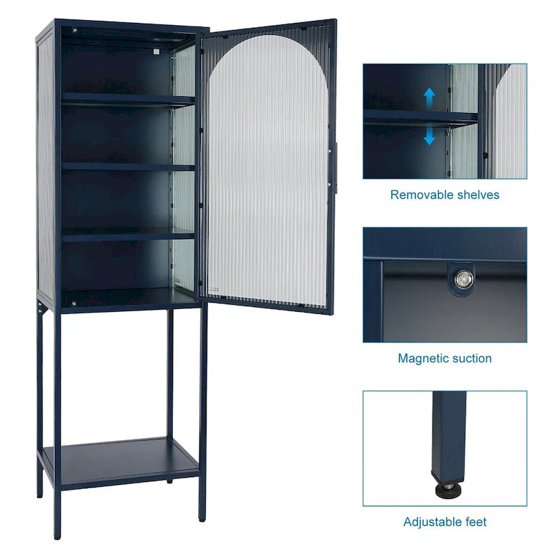 Armoire de rangement à porte cintrée en verre cannelé avec étagères réglables, verte