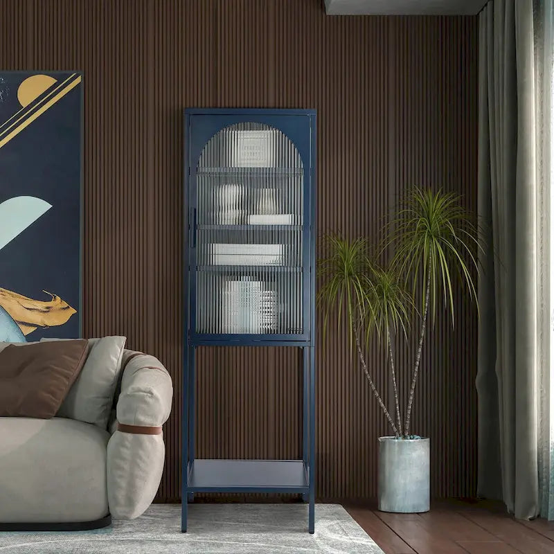 Armoire de rangement à porte cintrée en verre cannelé avec étagères réglables, verte