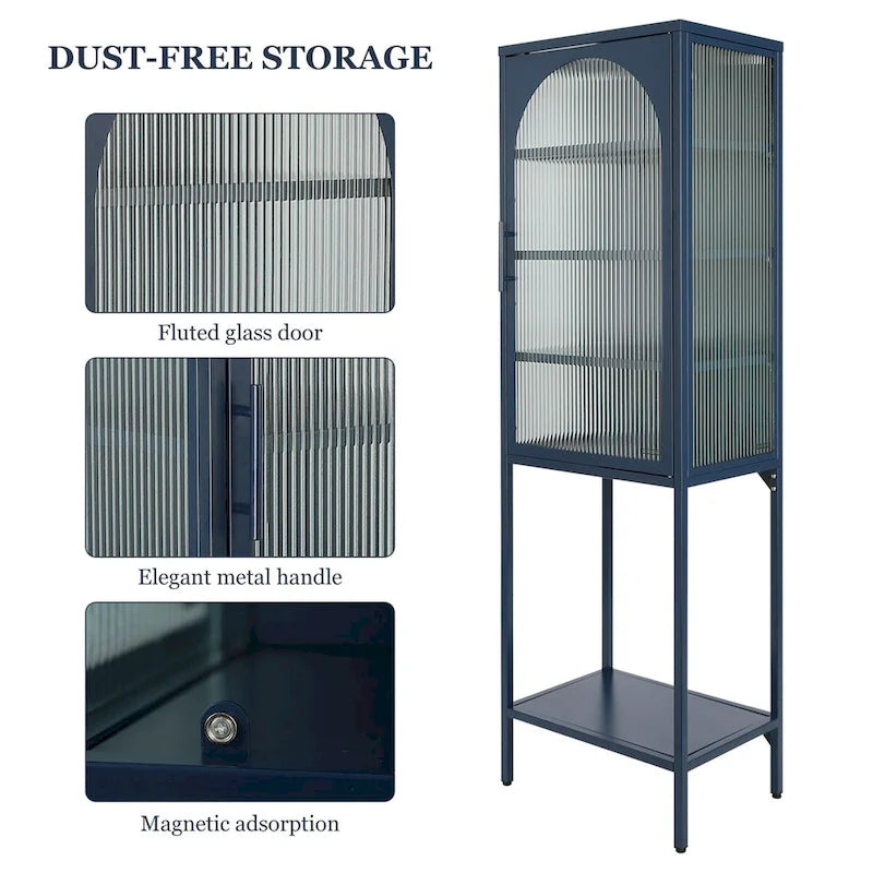 Armoire de rangement à porte cintrée en verre cannelé avec étagères réglables, verte
