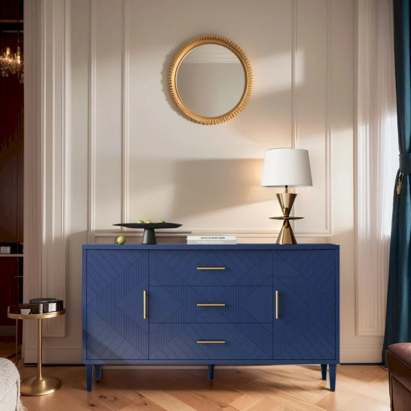 Buffet 2 portes 3 tiroirs bleu marine sculpté avec poignées dorées
