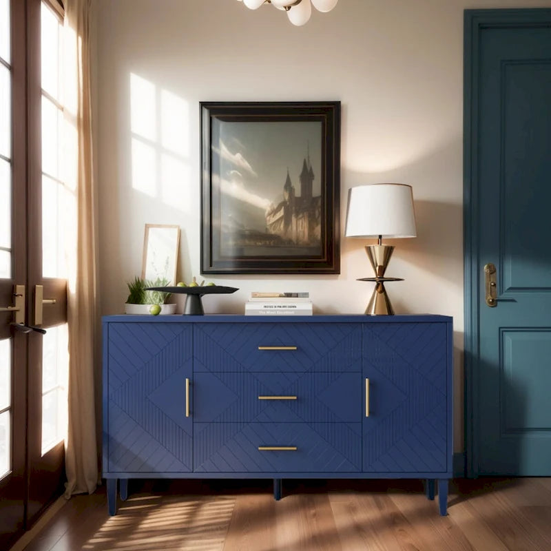 Buffet 2 portes 3 tiroirs bleu marine sculpté avec poignées dorées