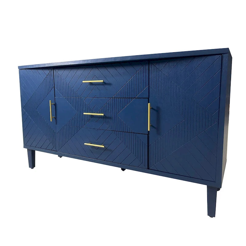 Buffet 2 portes 3 tiroirs bleu marine sculpté avec poignées dorées