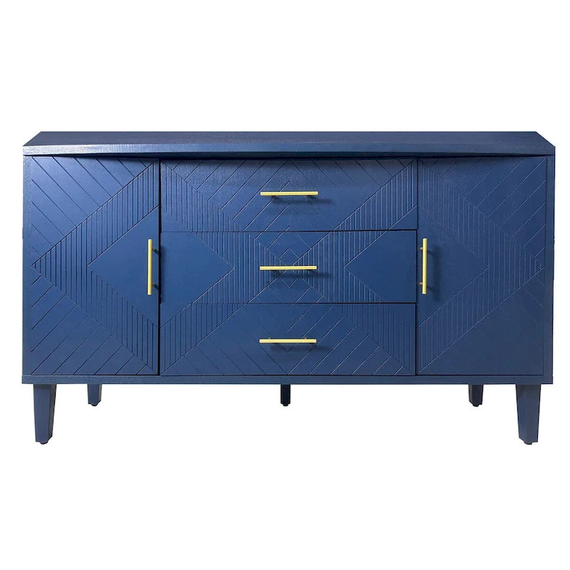 Buffet 2 portes 3 tiroirs bleu marine sculpté avec poignées dorées
