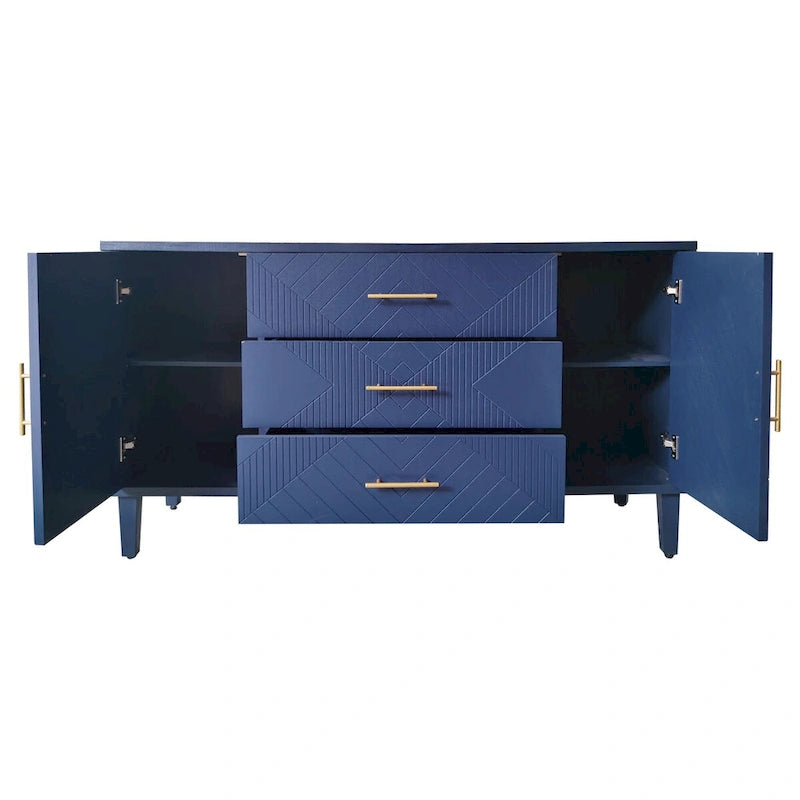 Buffet 2 portes 3 tiroirs bleu marine sculpté avec poignées dorées