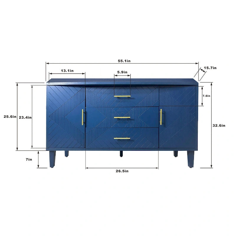 Buffet 2 portes 3 tiroirs bleu marine sculpté avec poignées dorées