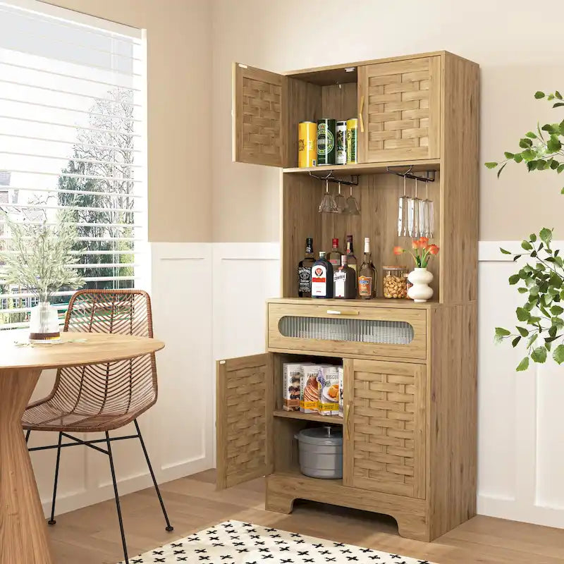 Meuble bar autoportant de 170 cm de haut avec porte-verres, finition bois naturel havane