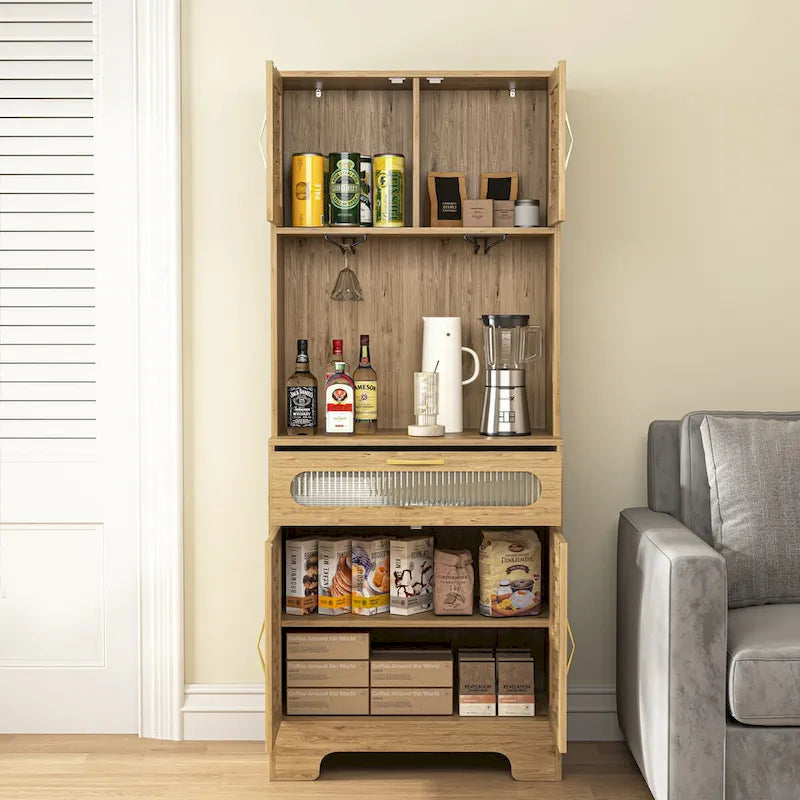 Meuble bar autoportant de 170 cm de haut avec porte-verres, finition bois naturel havane
