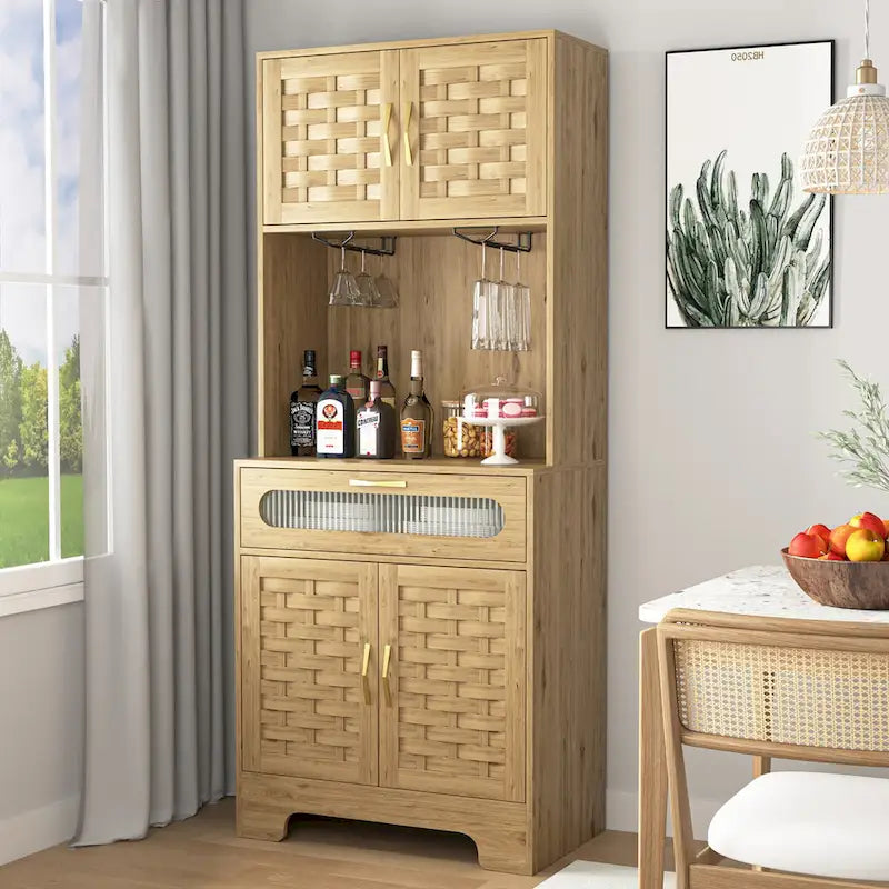 Meuble bar autoportant de 170 cm de haut avec porte-verres, finition bois naturel havane