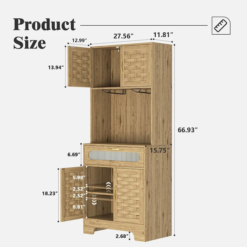 Meuble bar autoportant de 170 cm de haut avec porte-verres, finition bois naturel havane