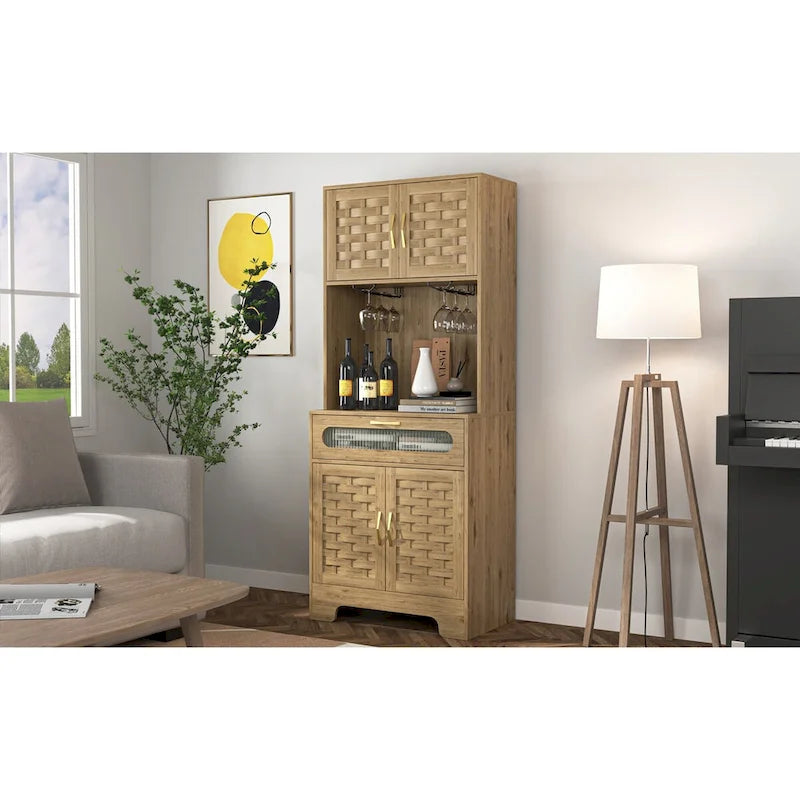 Meuble bar autoportant de 170 cm de haut avec porte-verres, finition bois naturel havane