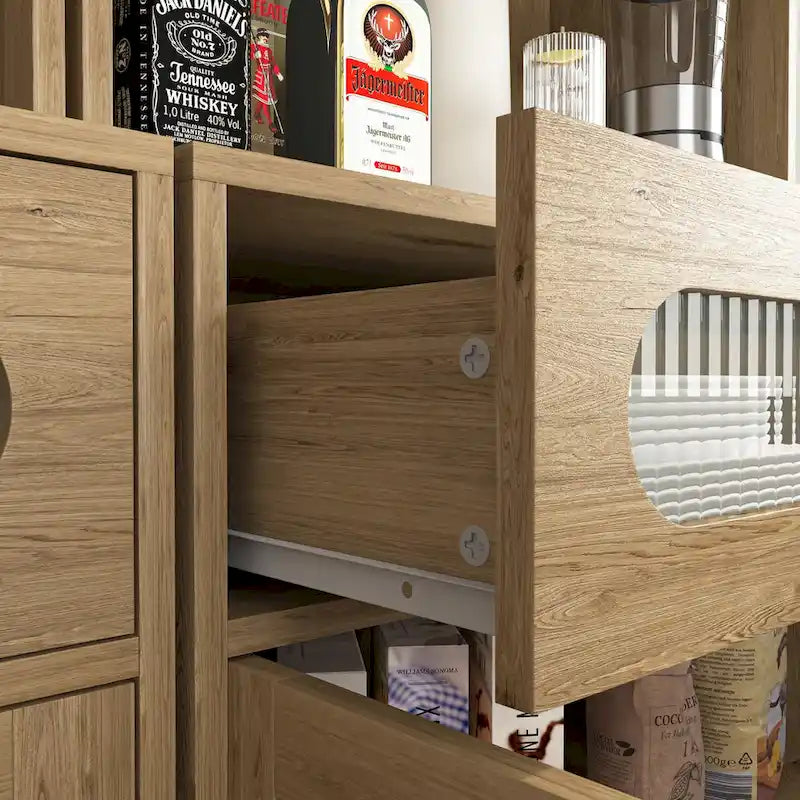 Meuble bar autoportant de 170 cm de haut avec porte-verres, finition bois naturel havane