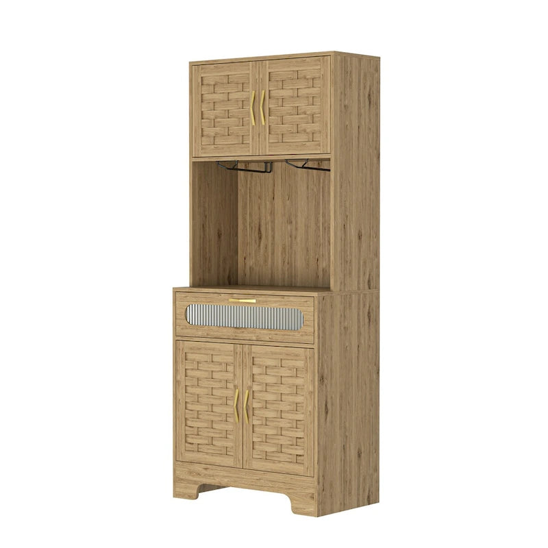 Meuble bar autoportant de 170 cm de haut avec porte-verres, finition bois naturel havane