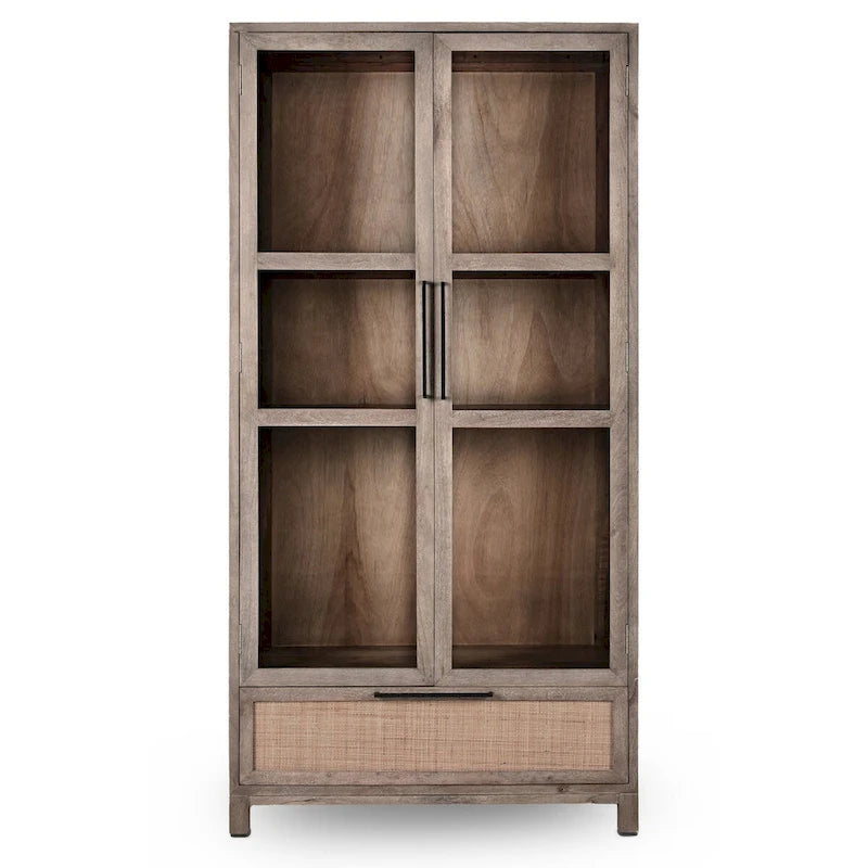 Vitrine 2 portes 1 tiroir en bois de manguier avec tiroir en cannage et verre trempé